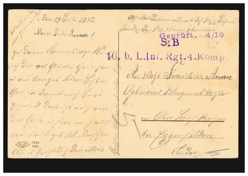 Feldpost SB 10.b.L.Inf.-Rgt. 4. Komp. mit Zensur gepüft 4/10 auf AK, 19.7.1915