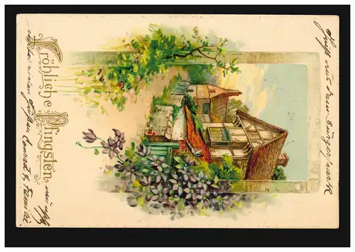 Prägekarte Pfingsten Dorfidylle, aus BREMEN 31.5.1903 nach MINDEN 31.5.03  