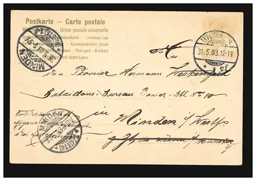 Prägekarte Pfingsten Dorfidylle, aus BREMEN 31.5.1903 nach MINDEN 31.5.03  