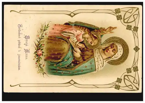 Prägekarte Heilige Mutter Anna mit Kind und Bibel Goldprägung, SKWORETZ 25.7.07 