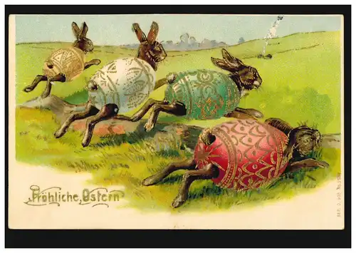 Prägekarte Ostern Hasenwettrennen im Ostereikostüm, PORRENTRUY 18.4.1908
