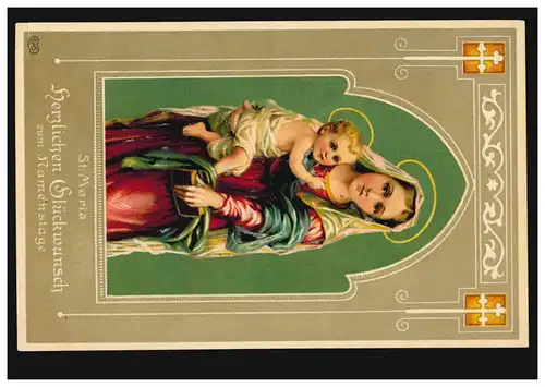 Prägekarte Namenstag St. Maria mit Kind, um 1910 EAS-Verlag, ungebraucht