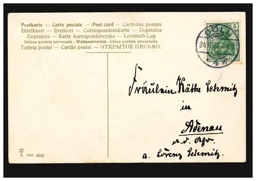 Prägekarte Namenstag Maiglöckchenzweig, CÖLN 4 g 24.11.1906