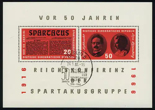 Block 25 Spartakus-Block 1966, SSt BERLIN Vor 50 Jahren ... 24.1.1966