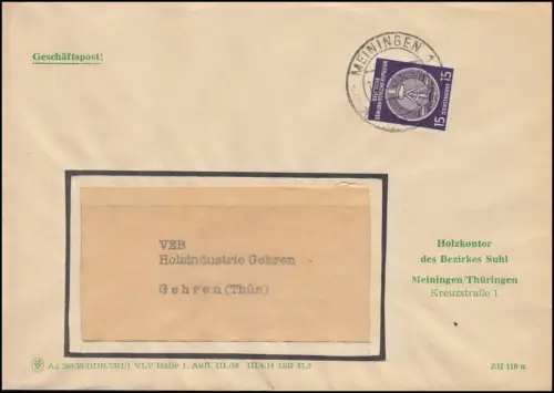 DDR Dienst 15 Pf. Zirkel EF Fensterbrief Geschäftspost Holzkontor MEINIGEN 1959