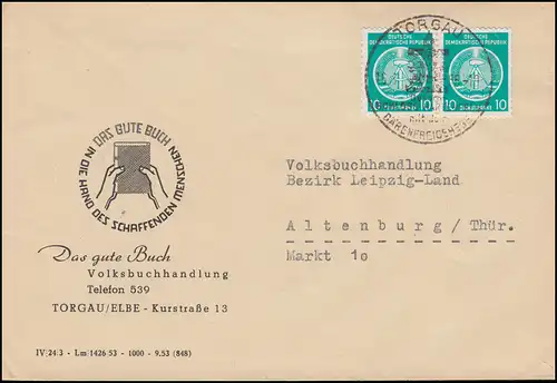 DDR Dienst 10 Pf. Zirkel Paar MeF Brief Volksbuchhandlung SSt TORGAU 16.3.1955