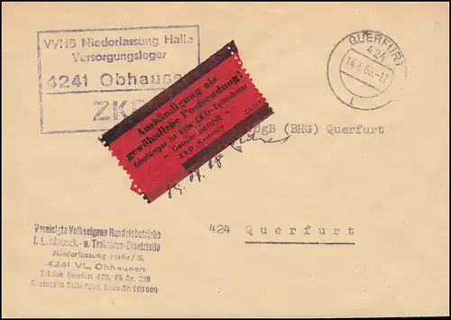 ZKD-Brief VVHB Niederlassung Halle Versorgungslager Obhausen QUERFURT 14.6.68