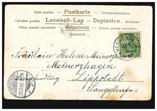 Liebes-AK Liebespaar Lohengrin - Im Brautgemach, HERRENTRUP 22.3.1906