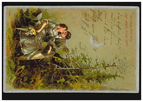 Amour-AK Couple d'amour au clair de lune: Le baiser, INTRODUC BAHNHOF 14.5.1900