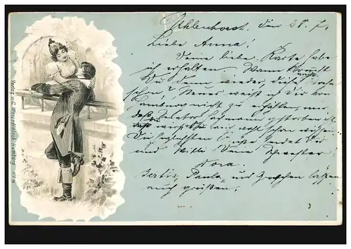 Amour-AK Couple d'amour sur le balcon: L'étreinte, HAMBURG 29.7.1899