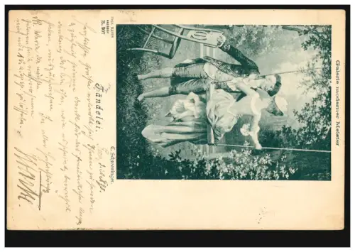 Liebes-AK Carl Schweninger Tändelei Liebespaar auf der Schaukel, GERA 21.10.98