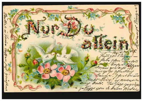 Liebes-AK Nur Du allein - Taubenpaar mit Blumen, BOJANOWO 31.12.1904