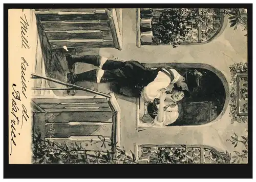 Liebes-AK Liebespaar am Fenster: Der Kuss, am 26.1.1903 nach PARIS 27.1.03