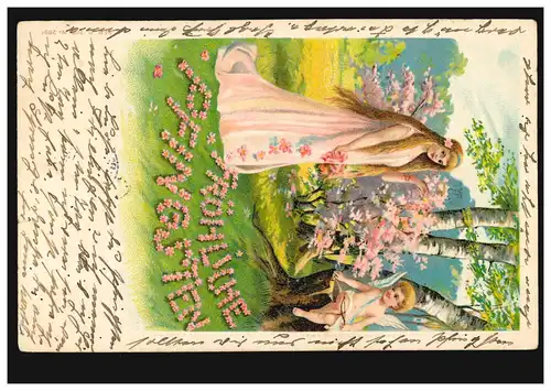 Carte de Pentecôte femme avec Amor dans la forêt, HANNOVER 8.6.1905 selon WÜLFEL 9.6.05