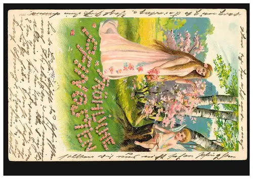Prägekarte Pfingsten Frau mit Amor im Wald, HANNOVER 8.6.1905 nach WÜLFEL 9.6.05