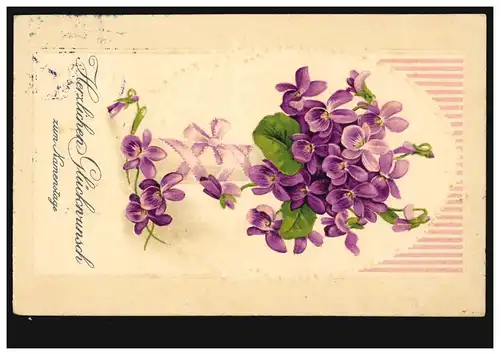 Carte de prénom du jour au bouquet de violette, DAHL / PADERBORN 8.3.1916