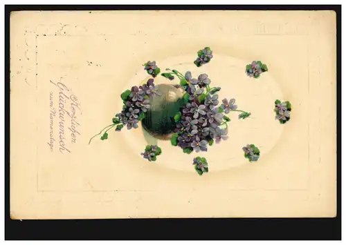 Carte de prénom Jour du nom Pot de fleurs avec violette, M.GLADBACH 18.3.1913