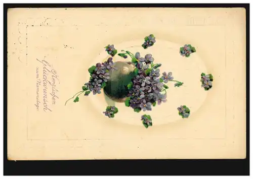 Prägekarte Namenstag Blumentopf mit Veilchen, M.GLADBACH 18.3.1913