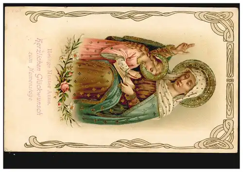 Prägekarte Namenstag Heilige Mutter Anna Bibel Goldprägung, MÜNCHEN 26.7.1907