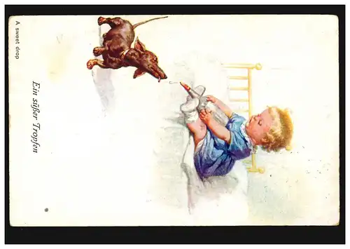 AK animal Une douce goutte ... fille nourrit le chien, CREFELD 4.8.1922