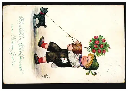 Autriche Animaux-AK Nouvel An: Jeune avec pot de fleurs et chien, 30.12.1912