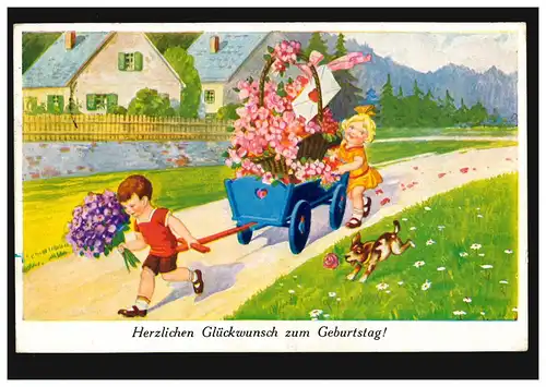 AK animaux anniversaire: Enfants avec chars à fleurs et chien, CONSULTATION 10.12.1928