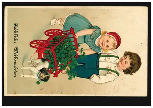 Tiere-AK Weinachten Kinder mit Glücksklee im Wagen und Hund, Feldpost 23.12.1914