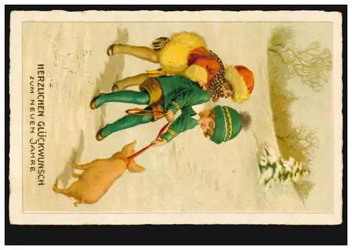 Animaux-AK Nouvel An Enfants avec porc chanceux, par voie ferroviaire 1925