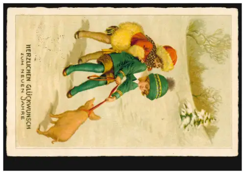 Animaux-AK Nouvel An Enfants avec porc chanceux, par voie ferroviaire 1925