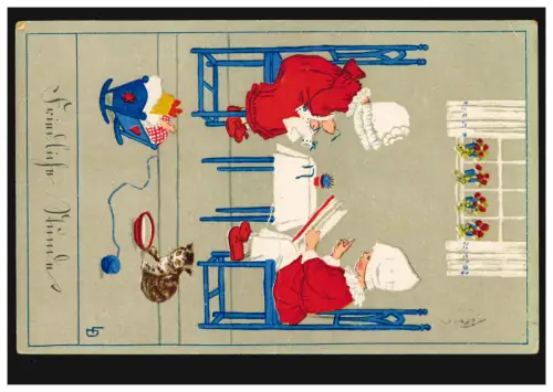 Animaux AK enfants en lecture et couture avec poupée et chat, HANNOVER 13.2.1921