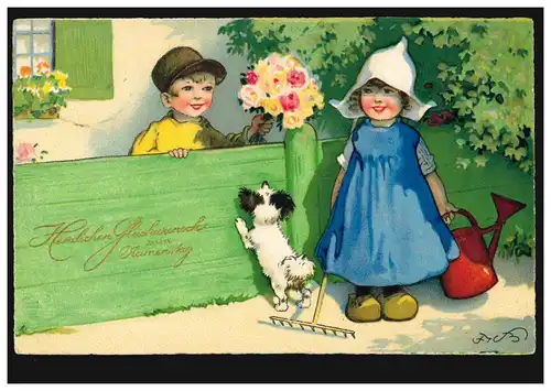 Journées de nom d'animal-AK: Enfants dans le jardin avec chien, Carte postale locale Nouveau 29.6.1931