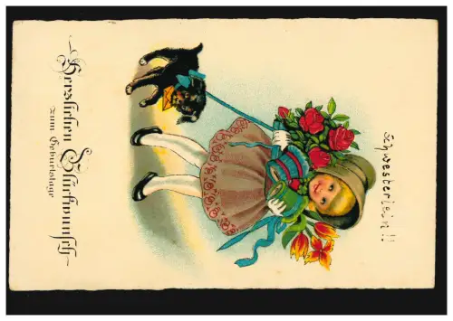 Tiere-AK Geburtstag: Blumen-Mädchen mit Hund, NEUSS 3.6.1942