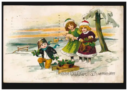 Tiere-AK Neujahr Kinder mit Glücksklee und Glücksschwein, HARBURG/ELBE 31.12.21