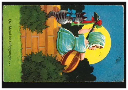 Animaux-AK La lune est partie ... Fille avec mandoline, chat, Nouveau 1929