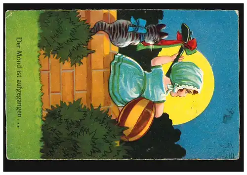 Tiere-AK Der Mond ist aufgegangen ... Mädchen mit Mandoline, Katze, Neuß 1929