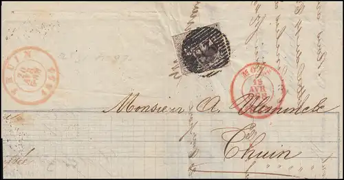 Belgien 3 König Leopold I. Brief MONS 19.4.1854 Roststempel 83 nach THUIN 20.4.