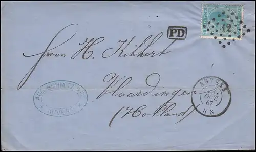Belgien 15 König Leopold I. Brief ANVERS 23.10.1867 mit Punktnummernstempel 12