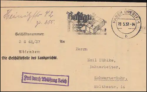 Frei durch Ablösung Reich Brief Landgericht HAGEN 19.5.1937 nach Schwerte