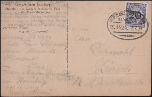 Bahnpost KONSTANZ - OFFENBURG Zug 1424 - 3.7.1924 auf AK Römerkastell Saalburg