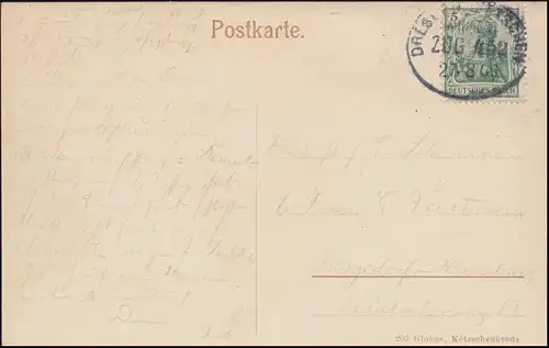 Bahnpost DRESDEN-TETSCHEN ZUG 452 - 27.8.1909 auf AK Barbarine am Pfaffenstein