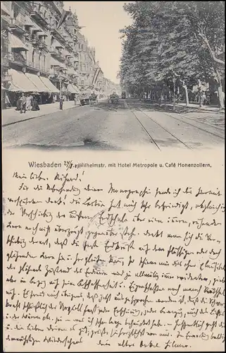 Post de chemin de fer CÖLN (RHEIN) - FRANKFURT (MAIN), ZUG 55 - 24.8.1908 à AK Wiesbaden