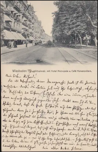 Post de chemin de fer CÖLN (RHEIN) - FRANKFURT (MAIN), ZUG 55 - 24.8.1908 à AK Wiesbaden