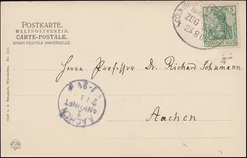 Post de chemin de fer CÖLN (RHEIN) - FRANKFURT (MAIN), ZUG 55 - 24.8.1908 à AK Wiesbaden