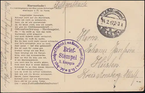 Feldpost Inf.-Regt. Landgraf Friedrich I. von Hesse-Cassel (Kurhess.) 14.2.1917