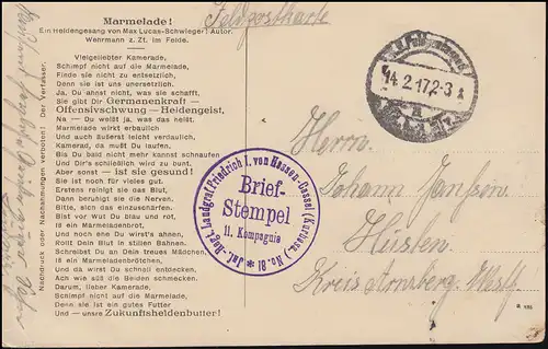 Feldpost Inf.-Regt. Landgraf Friedrich I. von Hessen-Cassel (Kurhess.) 14.2.1917