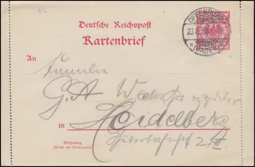 Kartenbrief K 6 Adler 10 Pf. OFFENBURG (BADEN) 23.8.1898 nach Heidelberg