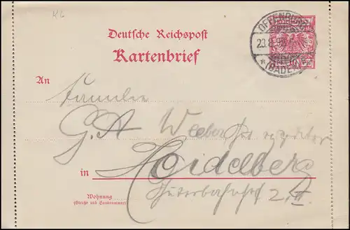 Lettre de carte K 6 Adler 10 Pf. OFFENBURG (BADE) 23.8.1898 vers Heidelberg