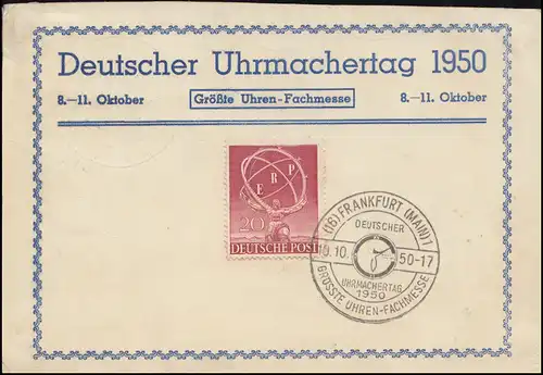 71 ERP-Marke auf Pk Uhrmachertag 1950 SSt Ffm. 10.10.50, Druckfehler obere Kante