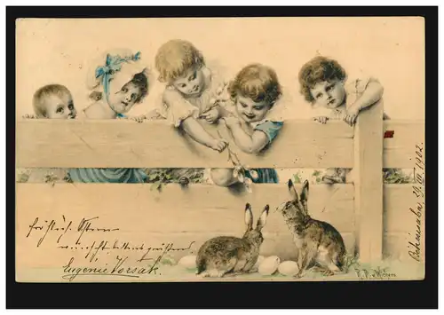 Künstler-AK Wichera Kinder mit Weidenkätzchen Ostereier Hasen, nach KOMARON 1902