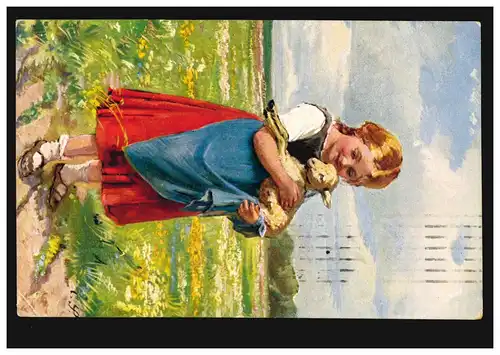 Animaux-AK Enfants: Fille avec agneau sur le bras, couru 1921